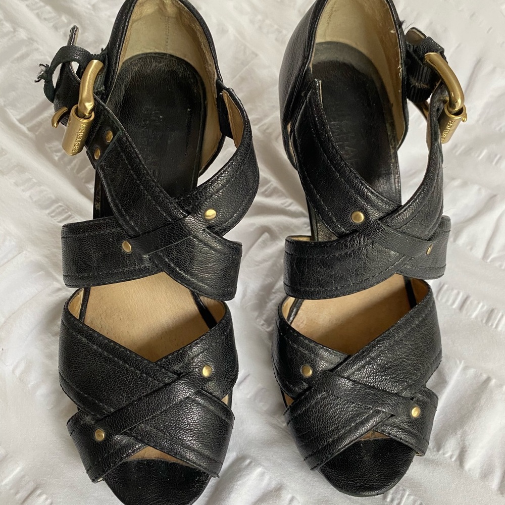 Black leather straps platform Michael Kors heels